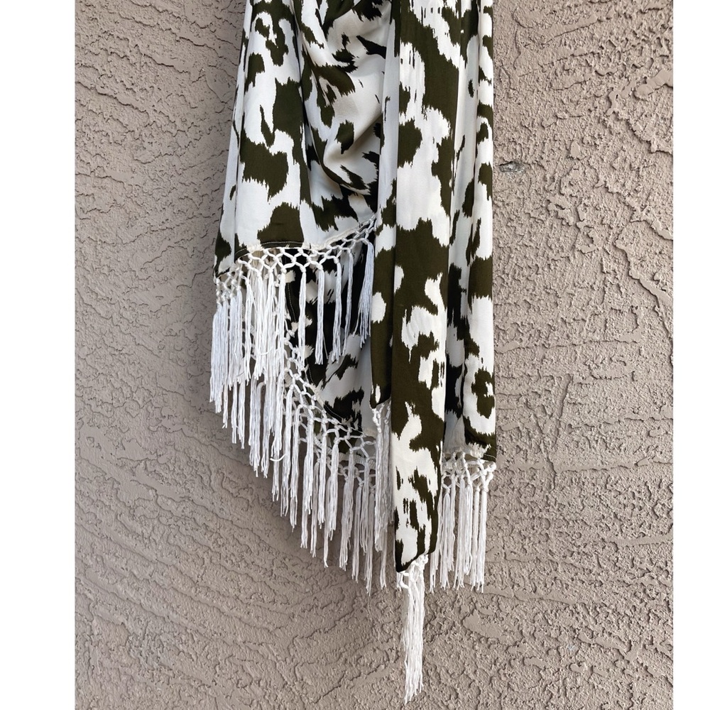 ANTHROPOLOGIE Olive Green & White Satin Fringe Cover Up Halter Dress - Picture 5 of 15
